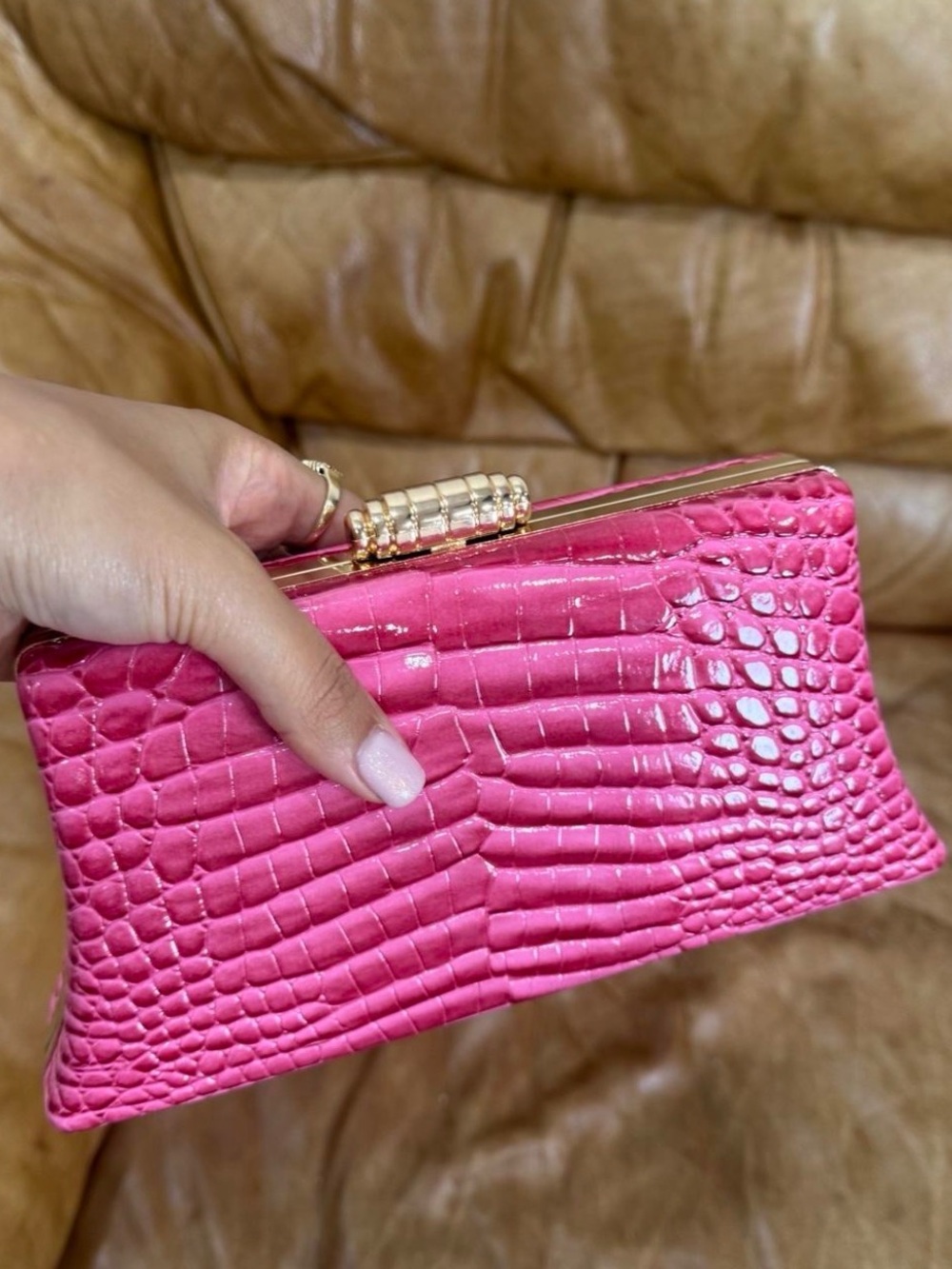 Croc-Embossed Hot Pink Patent Clutch with Gold Accent